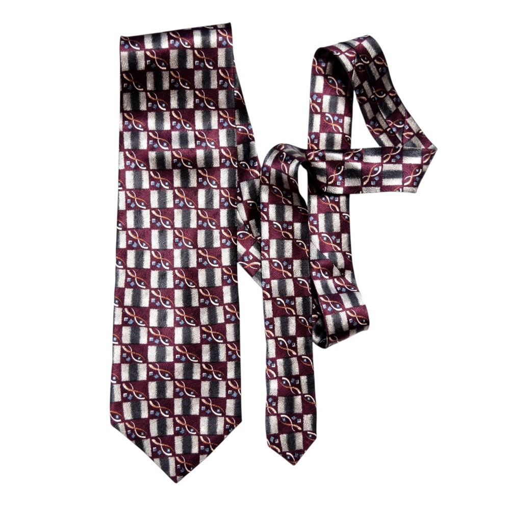 Allen Edmonds Italian Silk Jacquard Burgundy Silver Geometric Abstract Necktie